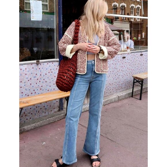 Women's Floral Quilted Jackets Cropped Button Down Padded Puffer Jacket Red - Picture 4 of 8